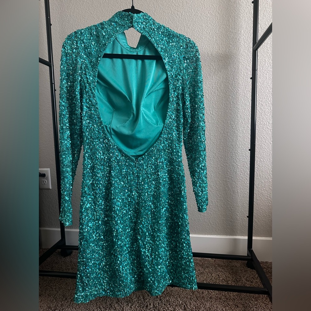 Ashley Lauren Sequined Long Sleeve Mini Dress in Jade - Picture 4 of 10